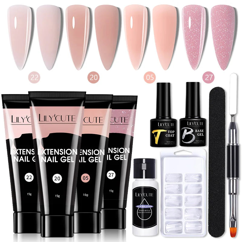 LILYCUTE 15ml Nail Extension Gel Kit Soak Off UV Gel Acrylic White Clear Pink Gel Nail Polish LED Lamp Manicure Set For Nail Art