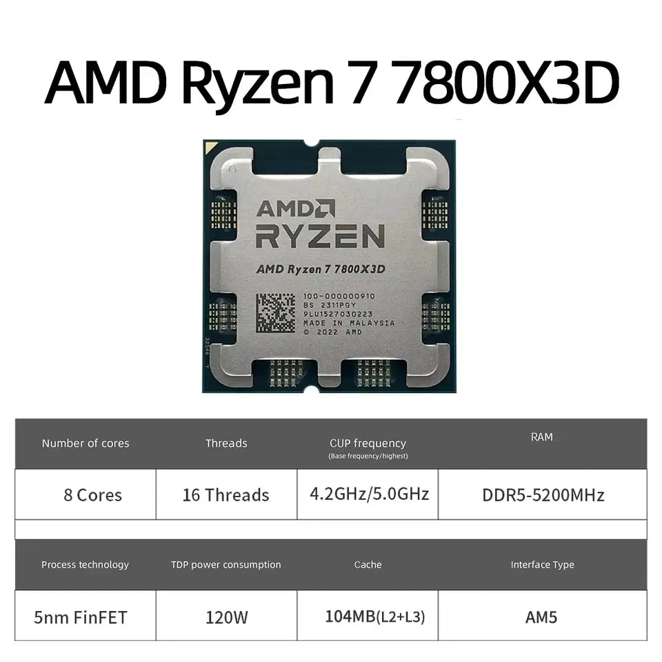 AMD RYZEN 7 7800X3D CPU Gaming Processor AMD R7 7800X3D 8-Core 16-Thread 5NM 96M Socket AM5 Without Fan Game Cache Hot No Fan