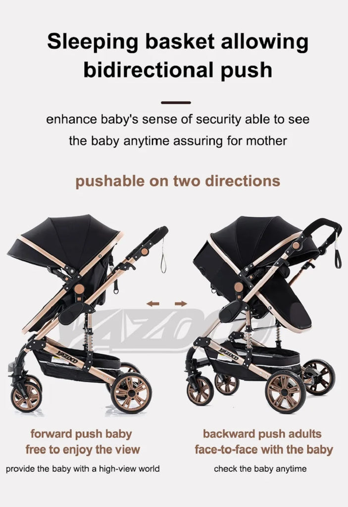 Luxurious 3 in 1 Baby Stroller Portable Travel Baby Carriage Folding Prams Aluminum Frame High Landscape Car for Newborn Baby BLACK
