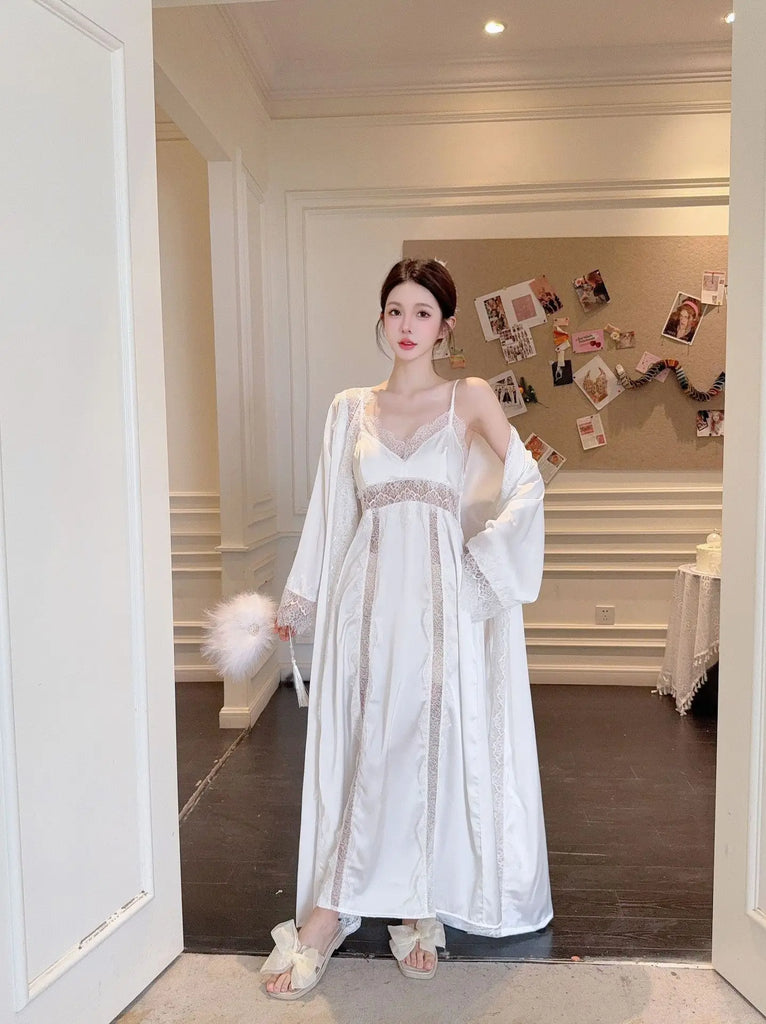 Women Long Twinset Robe Set Sexy Lace Trim Wedding Bathrobe Kimono Gown Sleepwear Elegant Ice Silk Nightgown Loungewear Homewear