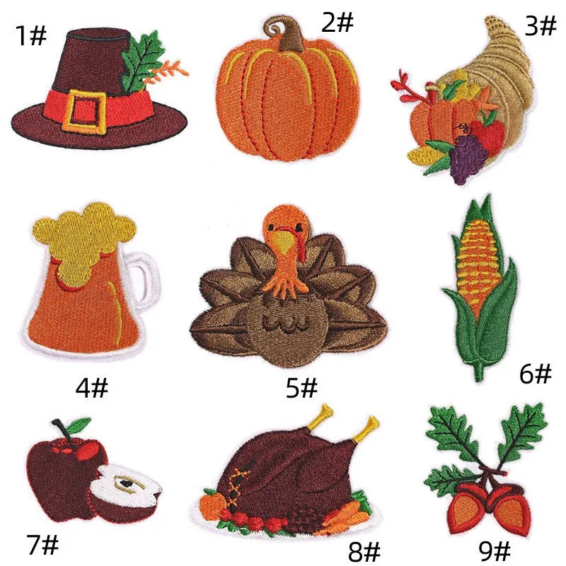 1 piece Embroidered Thanksgiving Day Patches Iron On Autumn Patch DIY Pumpkin Corn Chicken Turkey Beer Cartoon Applique Badge