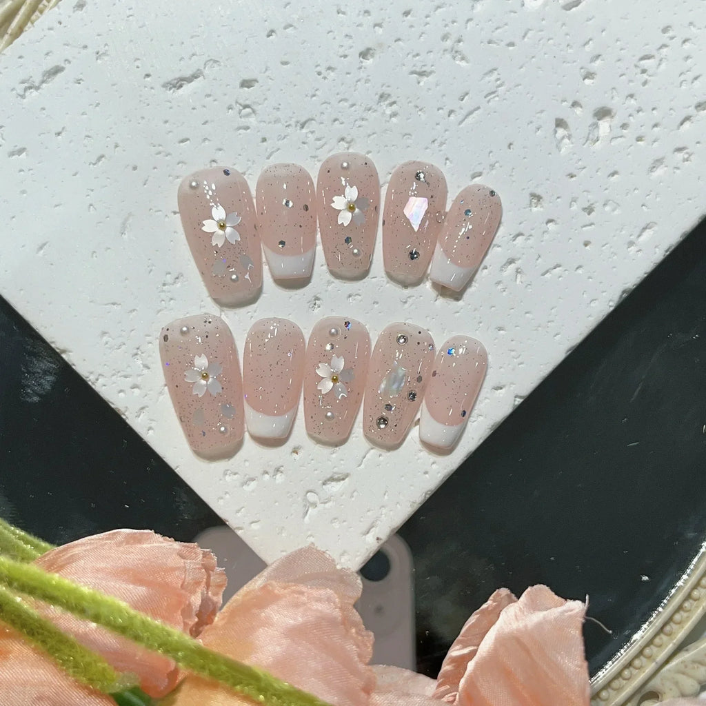 10Pcs Blue Handmade Press On Nails Set Ballet Wearable Artificial False Nails Decoration Nail Art Manicure Fake Nails Tips Art