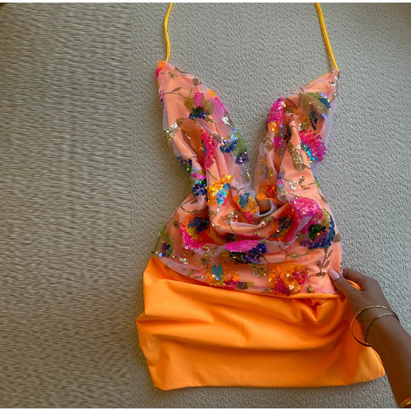 Sexy Sequined Halter Skirt Set Women Sleeveless Lace Up Tops Hip Package A-line Skirts 2025 Summer Lady Chic Party Beach Outfits