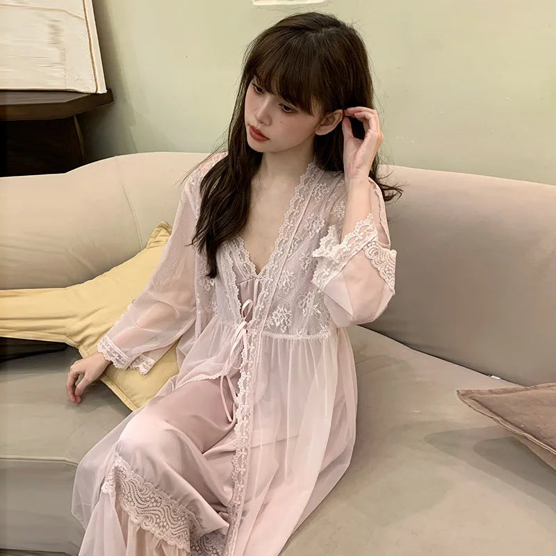 Female Nighty&Robe Set Perspective Temptation Nightgown Intimate Lingerie Spring Summer Silk Satin Sleepwear Loose Home Dress