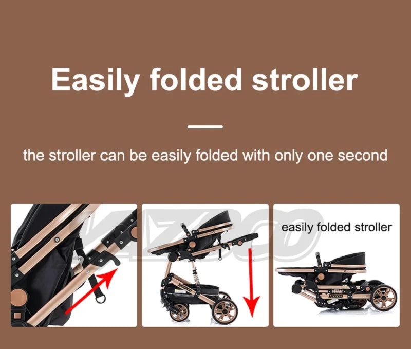 Luxurious 3 in 1 Baby Stroller Portable Travel Baby Carriage Folding Prams Aluminum Frame High Landscape Car for Newborn Baby BLACK