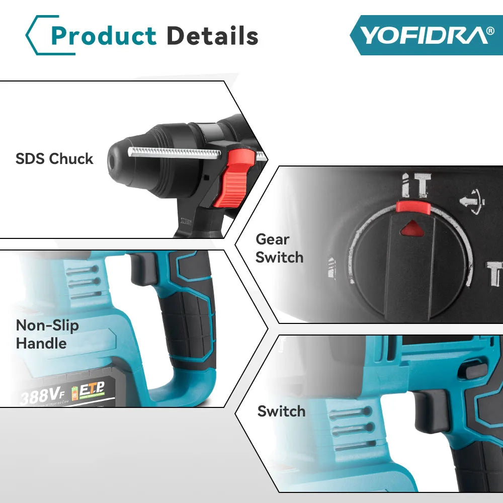 YOFIDRA 26MM Brushless Electric Hammer Drill Multifunctional Rotary Cordless Rechargeable Power Tools For Makita Battery Pin