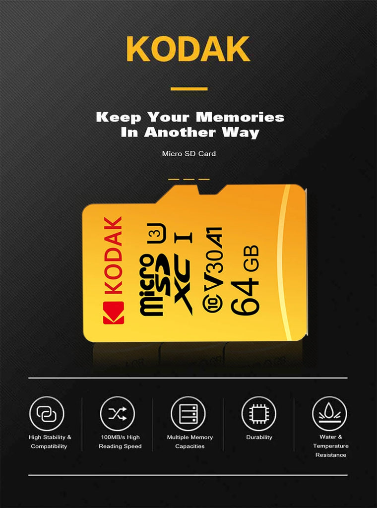 Kodak Micro SD Card Memory Card Class 10 64GB U3 4K High Speed Cartao De Memoria Flash Memory TF Mecard C10