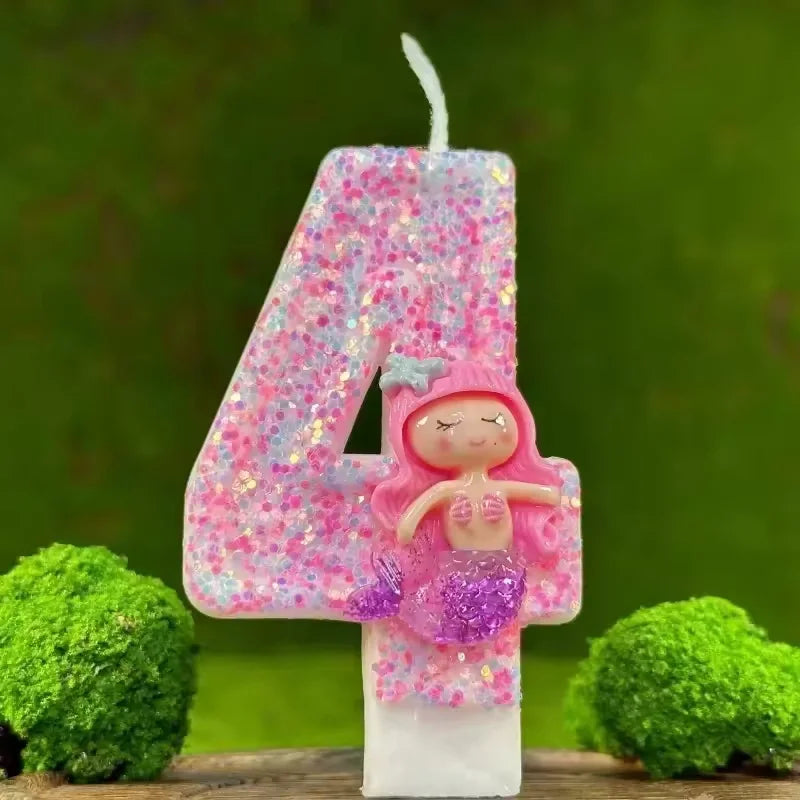 Sanrio Handmade DIY1pc Number 0-9 Pink cartoon mermaid Digital Candles with Sequins Suitable for Birthday Party Cake Decoration