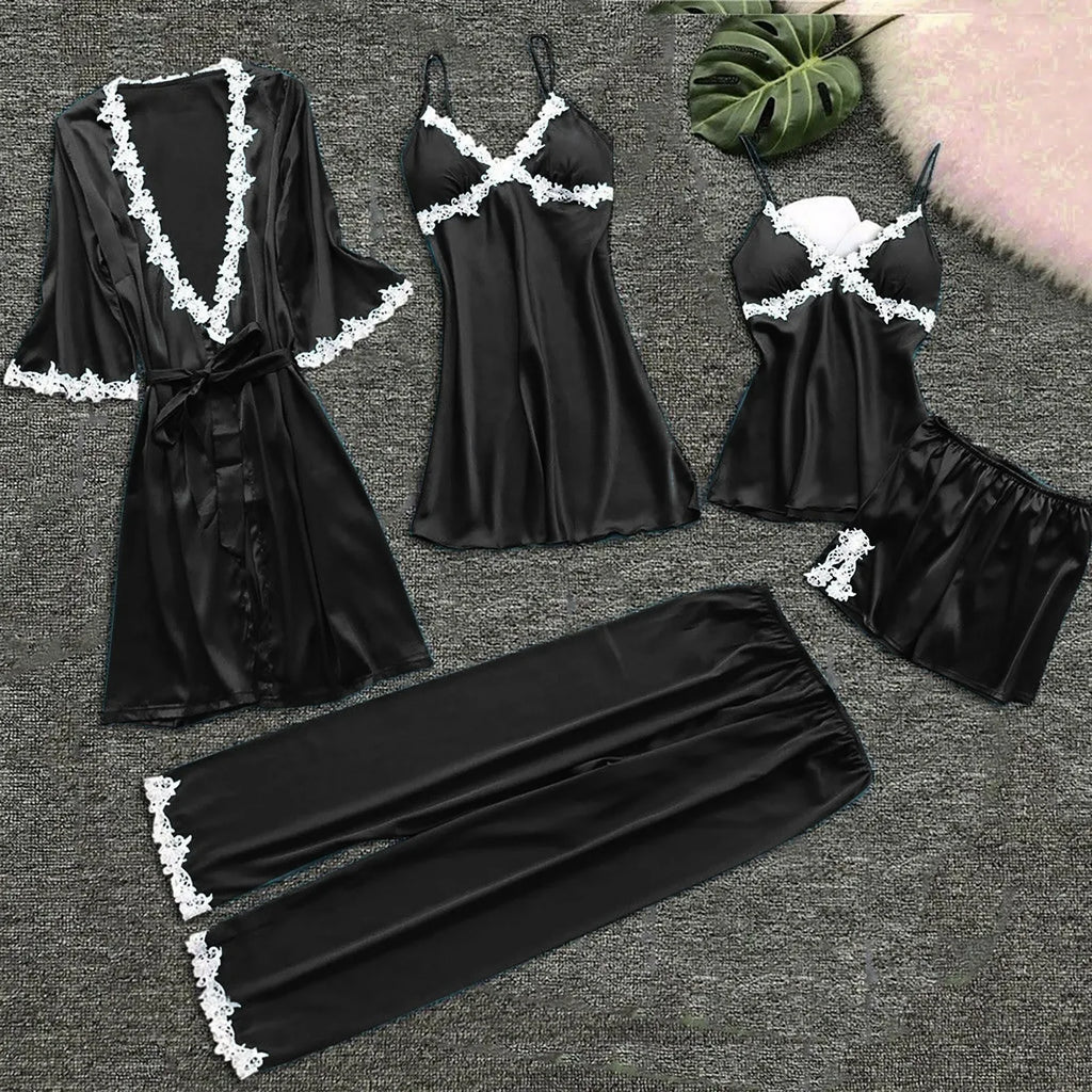 Ladies Underwear Women'S Sexy Nightgown Set 5-Piece Women Sexy Garter Lingerie Set Robes Lace Bodysuit Deep-V Neck Underwear