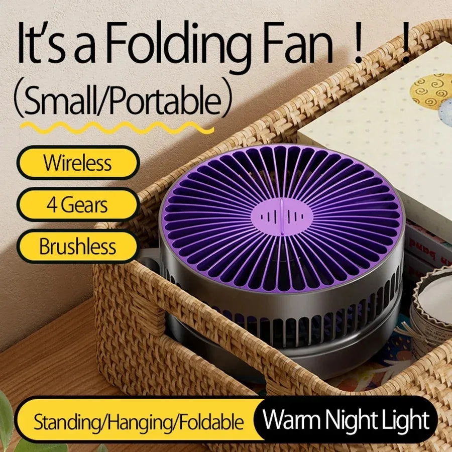 Foldable Desktop Fan Mini  Wall-Mounted Fan With Warm Night Light Rechargeable 4 Gears Adjustable Portable Air Circulation Fan - Mighty Dollars