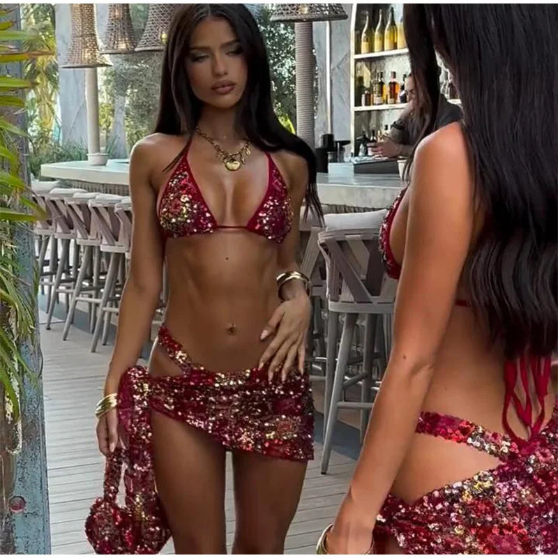 Sexy Sequin Bikini Skirt Sets Women Halter Backless Sleeveless Bikinis Lace Up Slim Mini Skirts Set 2025 Summer Lady Beach Suits