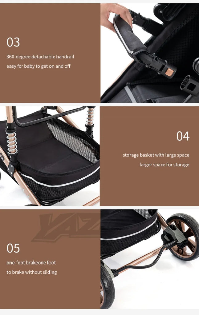 Luxurious 3 in 1 Baby Stroller Portable Travel Baby Carriage Folding Prams Aluminum Frame High Landscape Car for Newborn Baby BLACK