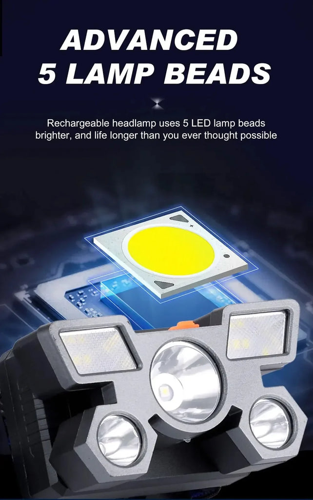 5LED Bright Headlamp Rechargeable Waterproof Adjustable 4Modes Lightweight for Outdoor Camping Running Hiking