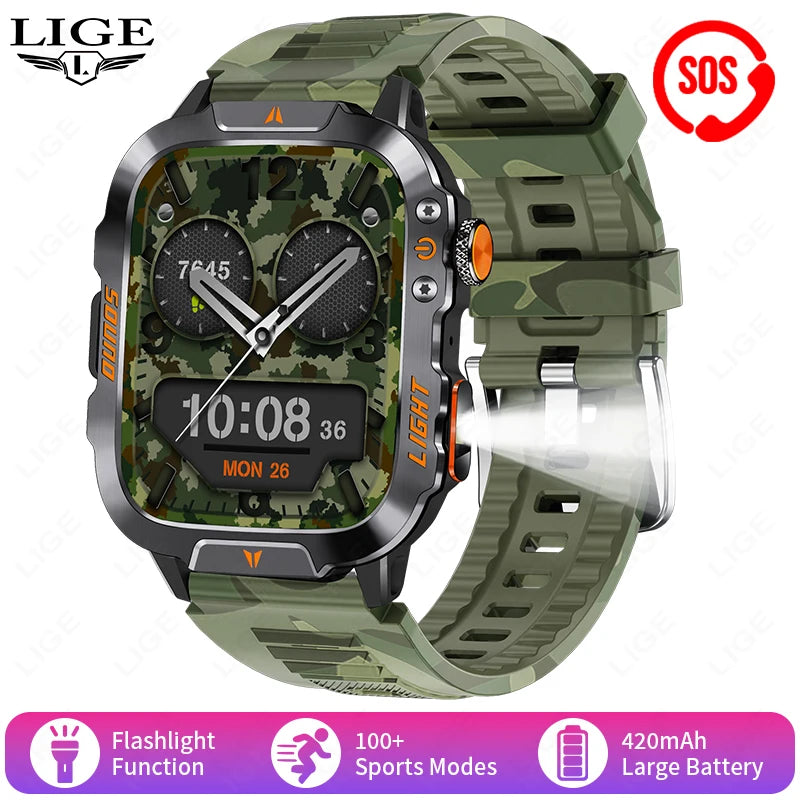 LIGE New Outdoor Military Smart Watch Men 420mAh LED Flashlight Heart Rate Sleep Health Monitoring Sport Fitness Smartwatch 2025