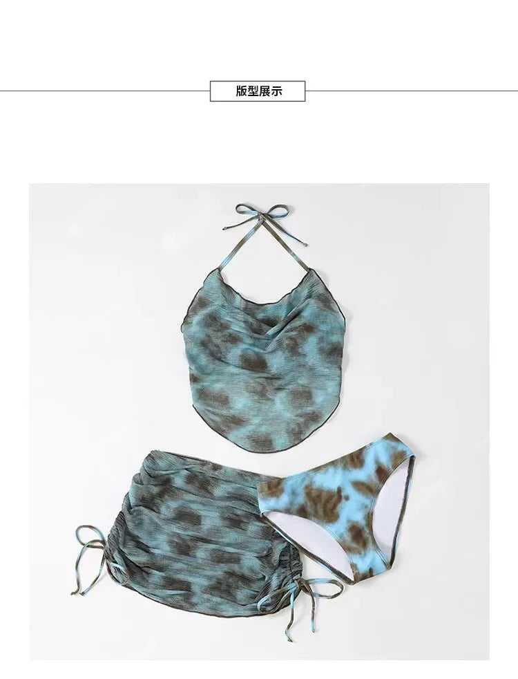 Sexy Women Floral Printed Bathing Suits with Beach Skirt Halter Bikinis Set Lady Push Up Swimsuit Swimwear Beachwear