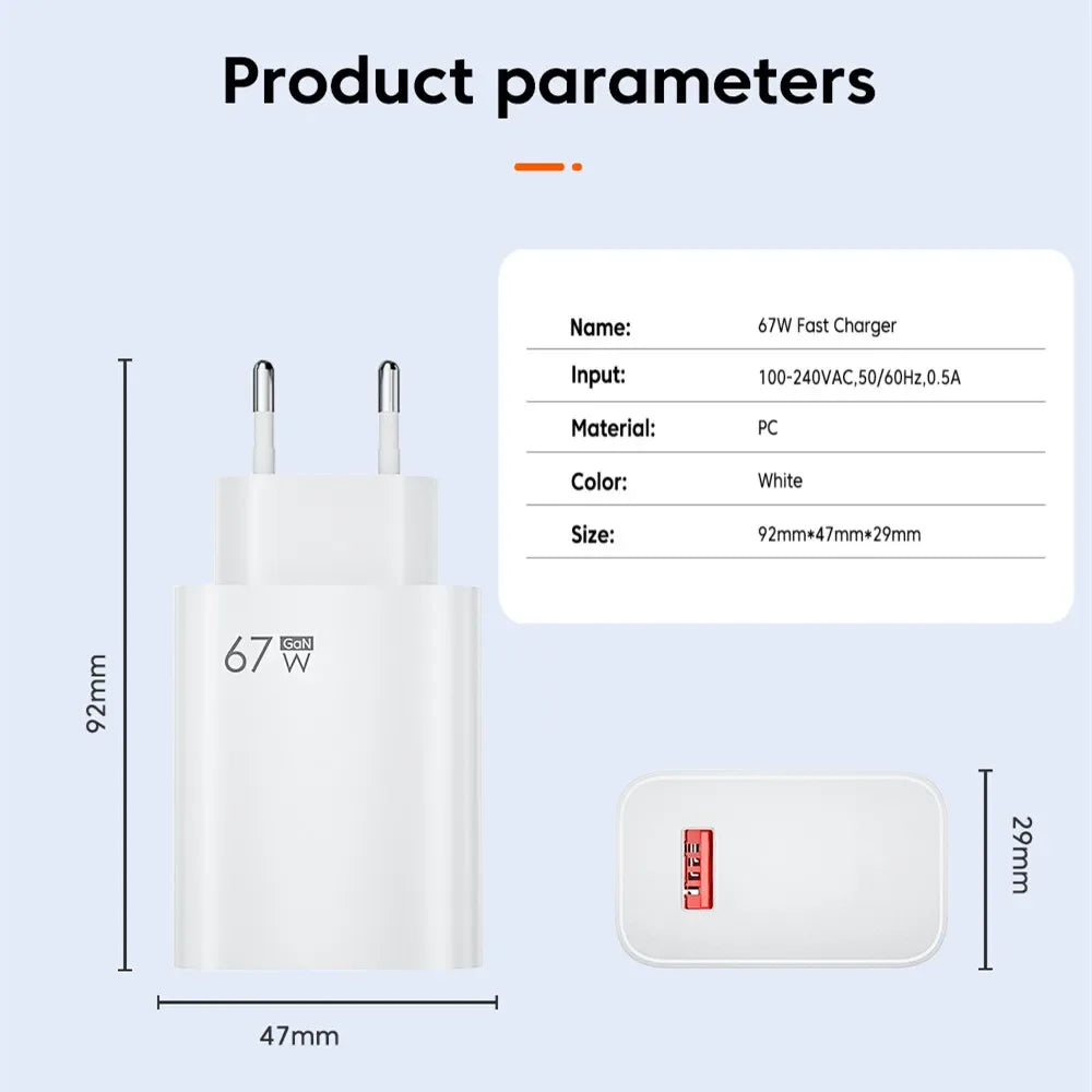 67W USB Charger Fast Charging Mobile Phone Adapter USB Quick Charger QC3.0 Adapter For iPhon Samsun Xiaomi 15 Redmi Oneplus