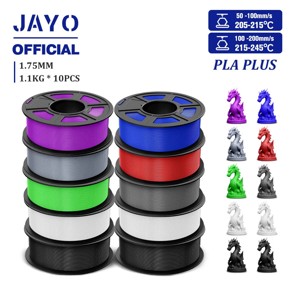JAYO PLA + 3D Filament 1.75MM 10 Rolls PLA PLUS 3D Printer Filament Neatly Wound 3D Printing Filament 1.1kg Spool High Toughness