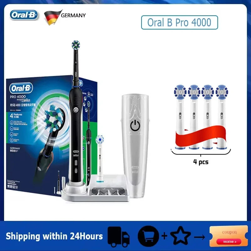 Oral B Pro 4000 Electric Toothbrush Rechargeable 3D Visible Pressure Sensor 4 Modes Sonic Tooth Brush for Adults Oral Cleaning