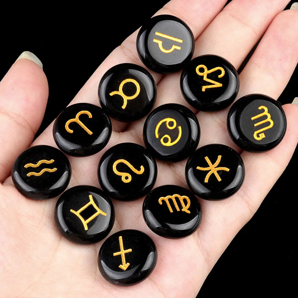 12pcs 18mm Round Zodiac Ornament Natural Stone Crystal Agate 12 Zodiac Sign Rune Reiki Stone Jewelry Accessories Christmas Gift