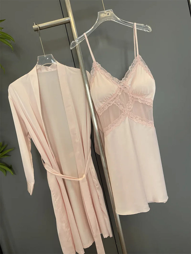 Sexy Female Nighty&Robe Set Lingerie Spring Summer Bathrobe Nightgown Two Piece Set Loose Silk Satin Home Dress Lounge Wear