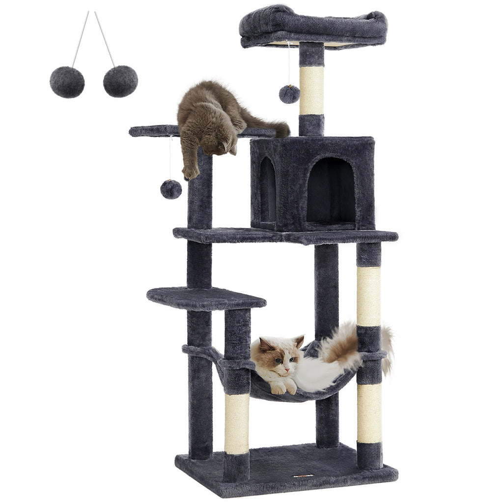 Feandrea Cat Tree, 56.3-Inch Cat Tower for Indoor Cats, Multi-Level Cat Condo with 4 Scratching Posts, 2 Perches, Hammock, Cave
