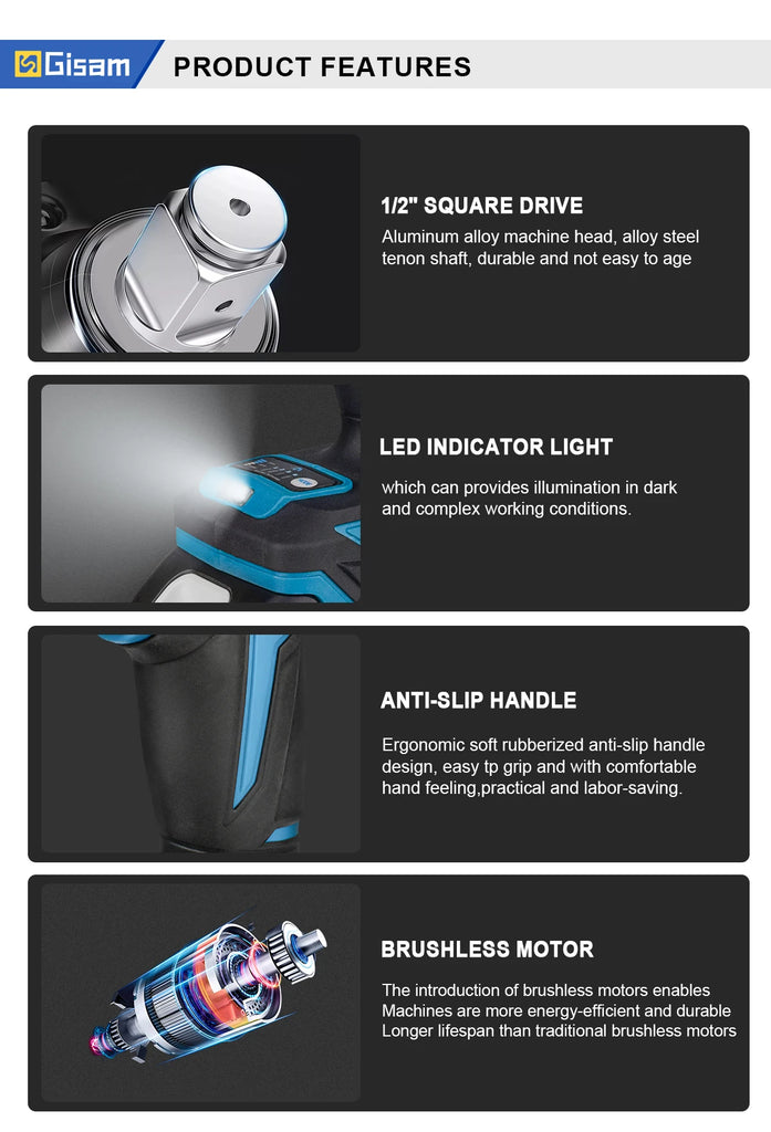 Gisam 1200N.M Torque Brushless Electric Impact Wrench 1/2 inch Cordless Wrench Screwdriver Power Tool for Makita 18V Battery Pin