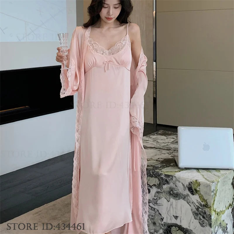Women Long Twinset Robe Set Sexy Lace Trim Wedding Bathrobe Kimono Gown Sleepwear Elegant Ice Silk Nightgown Loungewear Homewear