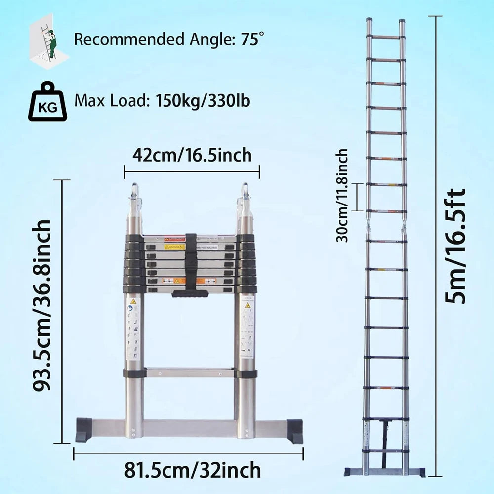 Ladders Extendable Telescopic 2.6M-5M Heavy Duty Multi Purpose Straight Loft Ladder Portable Folding Stainless Steel Ladder Tool