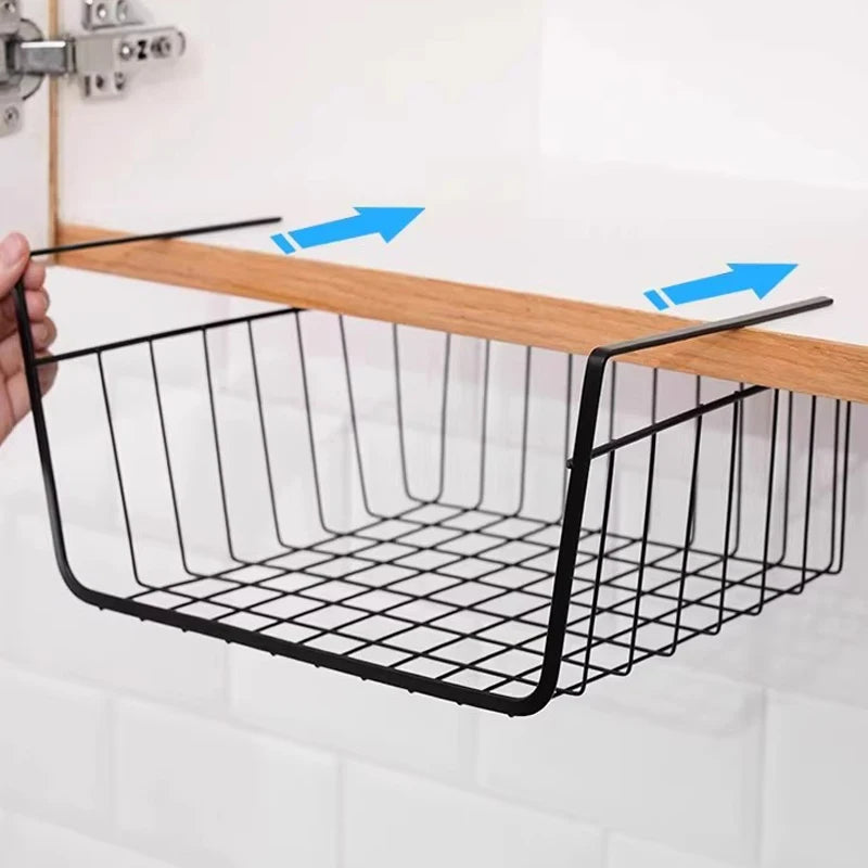 1pc White/Black Hanging Net Basket Iron Material Large Capacity Hanging Under Cabinet Wall Wardrobe Storage Basket Kitchen Tools