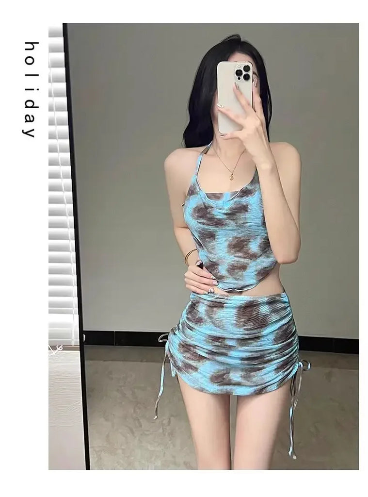 Sexy Women Floral Printed Bathing Suits with Beach Skirt Halter Bikinis Set Lady Push Up Swimsuit Swimwear Beachwear