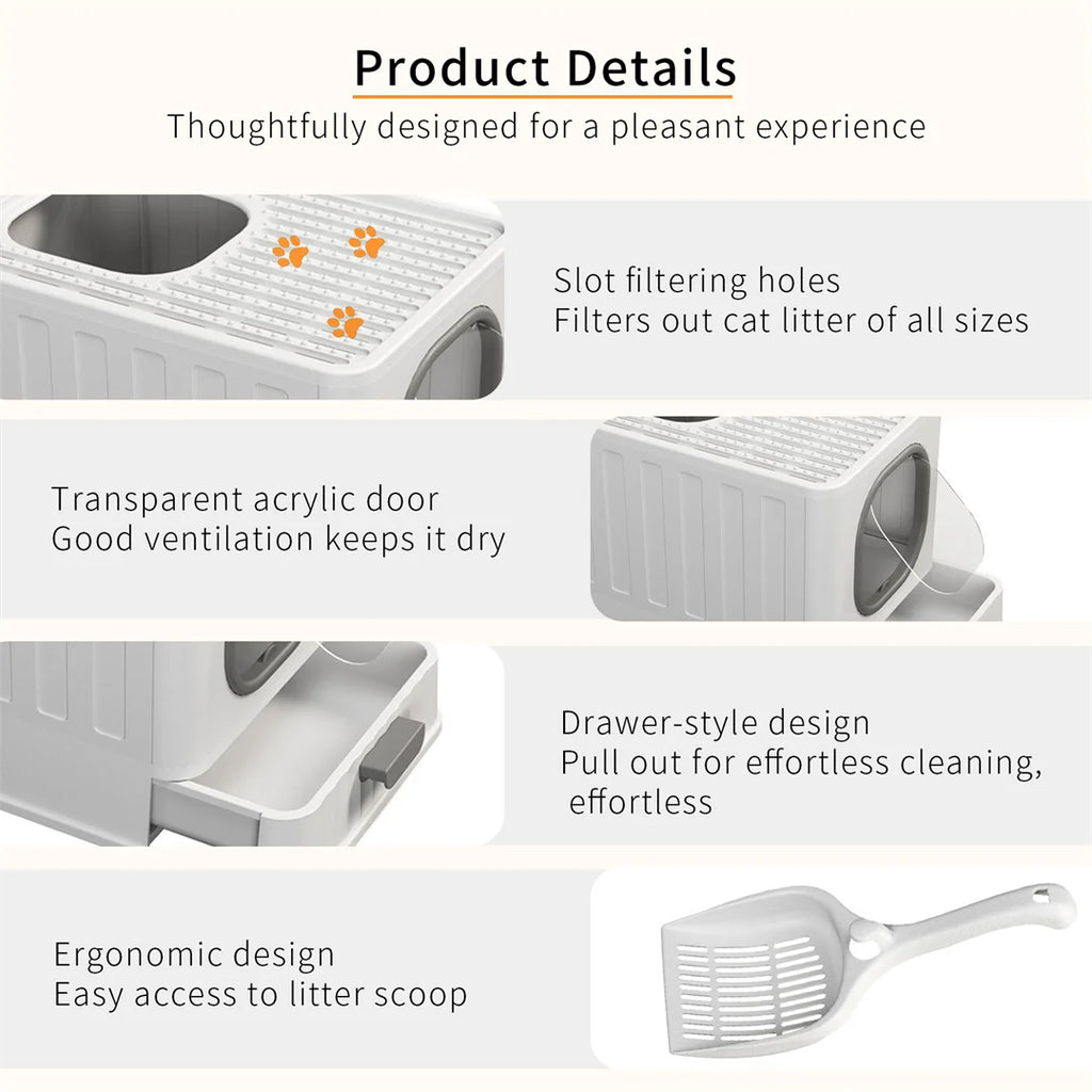 BingoPaw Cat Litter Tray Box: Foldable Top Entry Extra Large Cats Toilet with Lid Kitten Litter Tray Easy Cleaning Drawer Design