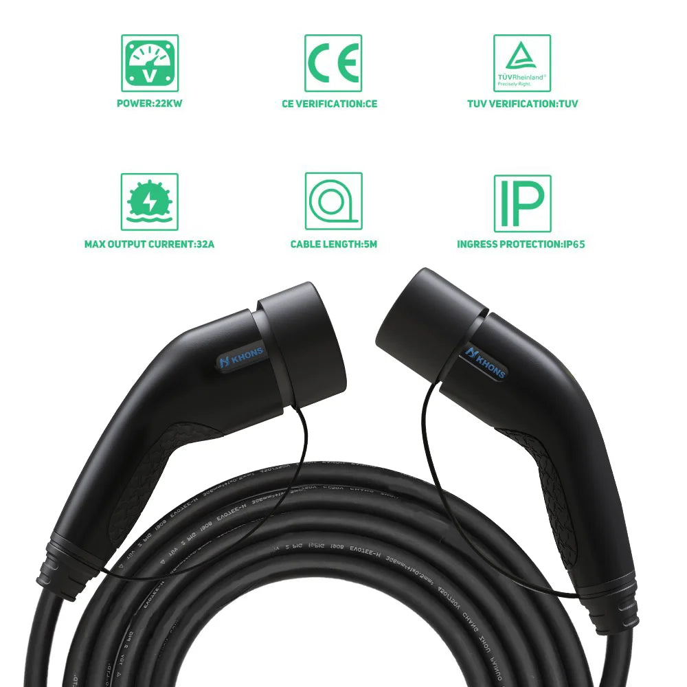 Khons 7KW EV Cable Type2 To Type2 Ev Charging 32A EV Cable Type2 Female To Male Plug EVES Charging Stations 5M Cable TPU IP65