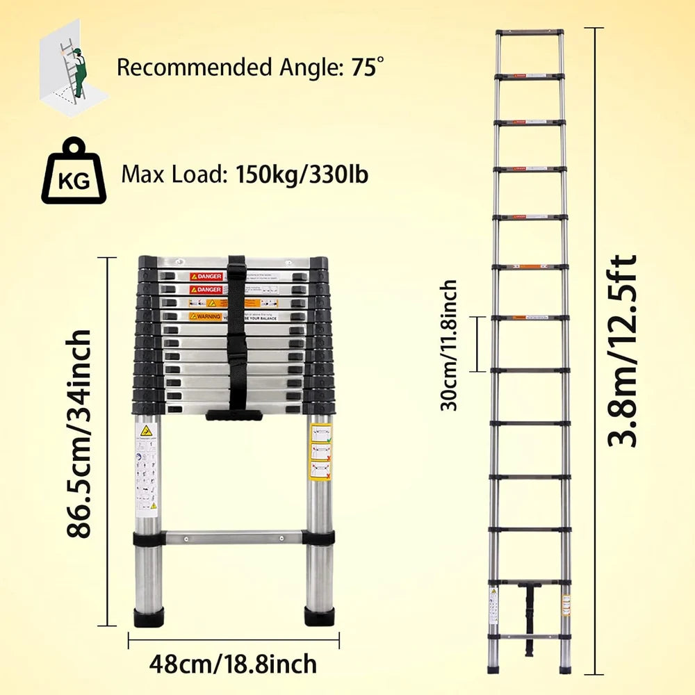 Ladders Extendable Telescopic 2.6M-5M Heavy Duty Multi Purpose Straight Loft Ladder Portable Folding Stainless Steel Ladder Tool