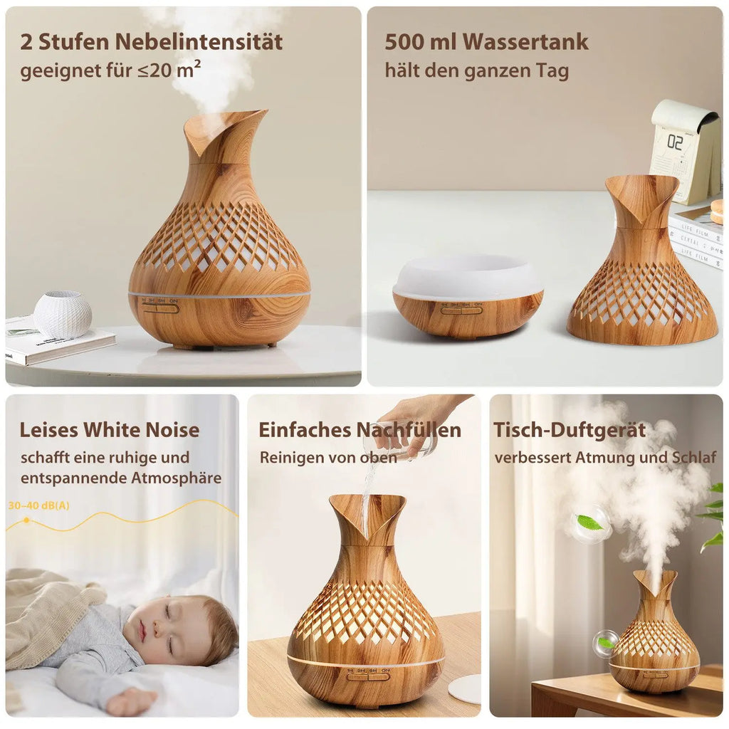 500ml Wood Grain Humidifier with Flowers, Quiet Aromatherapy Diffuser, USB Rechargeable Mini Humidifier with Colorful Night Ligh