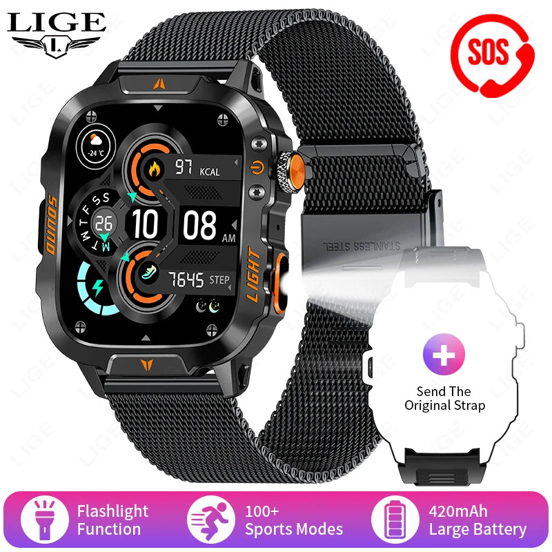LIGE New Outdoor Military Smart Watch Men 420mAh LED Flashlight Heart Rate Sleep Health Monitoring Sport Fitness Smartwatch 2025