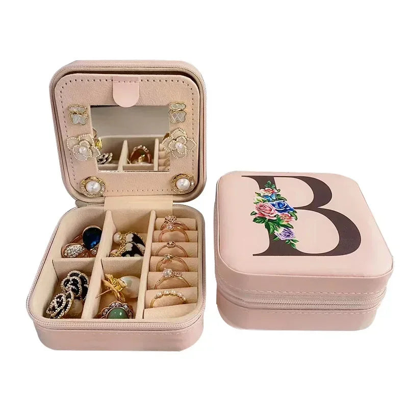 Flower&alphabet Jewelry Box Ring Boxes Travel Leather Jewellery Case Letter Print Bridesmaid Proposal Birthday Christmas Gift