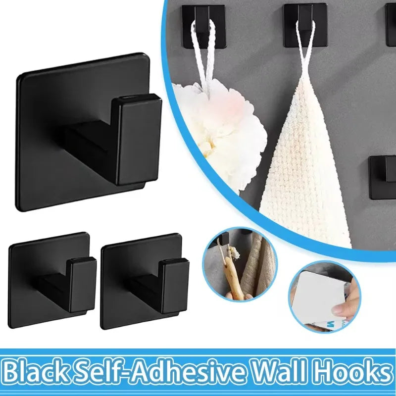 1-4pcs Bathroom Adhesive Wall Black Robe Hooks Towel Hook Coat Holder Keys Clothes Hanger Bathroom Kitchen Hardware Accessories