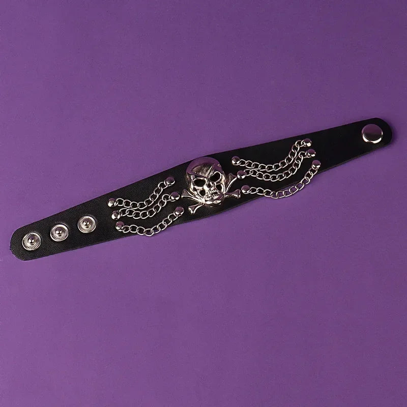 Punk Hip Hop Rock PU Leather Bracelet Unisex Trendy Chain Skull Pentagram Rivet Bracelet Party Jewelry Accessories