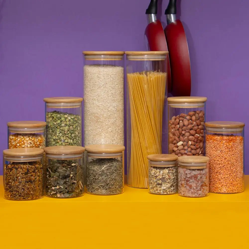 Kit 11 Round Airtight Glass Pot with Bamboo Lid-Tüd
