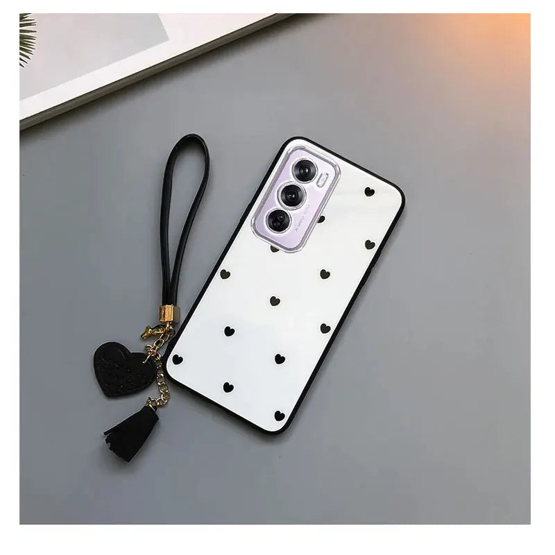 For Oppo A80 5G A40 4G A40M Case Small Love Heart Hard Glass Cover for OPPO A60 A3X A3 Pro Schockproof Tassel Wrist Phone Case