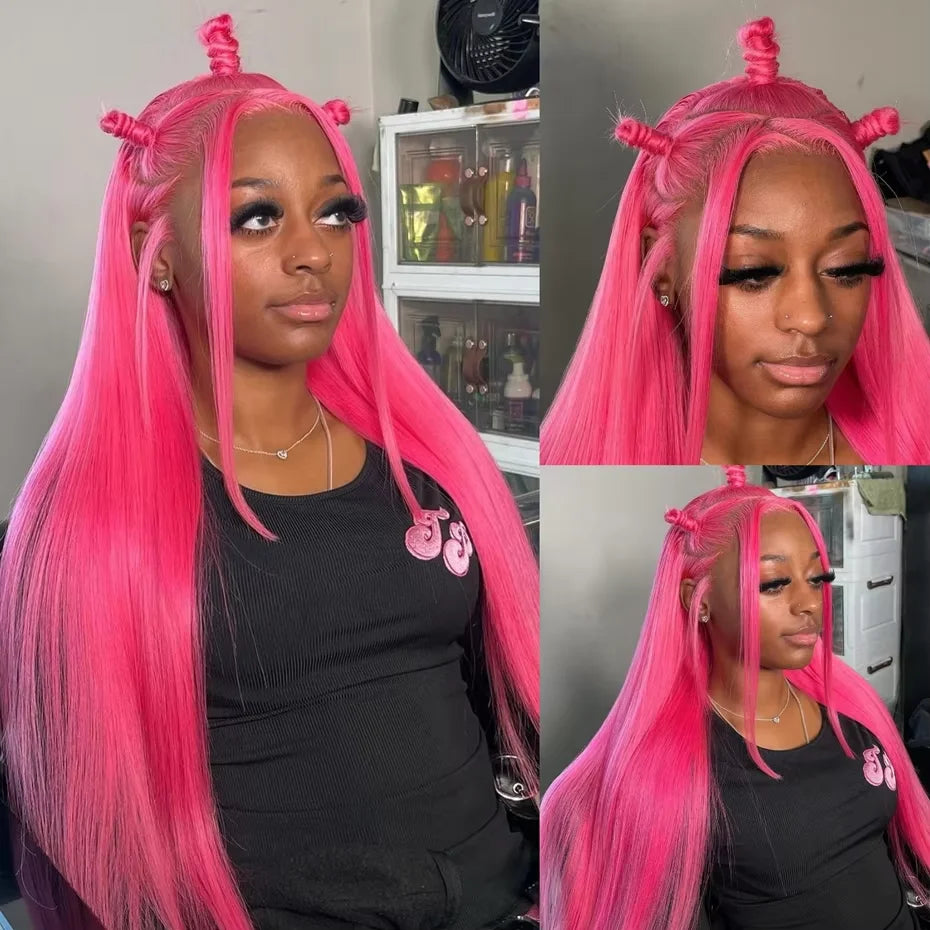 40 Inch Hot Pink Transparent Lace Front Wig Human Hair 13x6 Lace Frontal Wigs For Women Long Straight Colored Human Hair Wigs