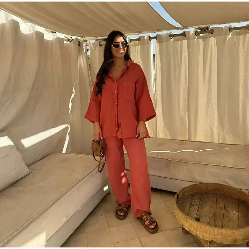 Women Vintage Solid Loose Pants Suit Lapel Single Breasted Long Sleeve Shirt Wide Leg Pants 2 Pcs Set 2025 New Ladies Streetwear