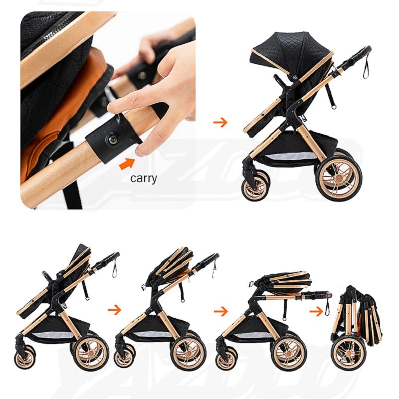 Luxury Baby Stroller 3 in 1 Newest Easy Folding Multifunctional Stroller Travel Portable Baby Carriage Safety Seat EU Standard