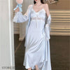 Women Long Twinset Robe Set Sexy Lace Trim Wedding Bathrobe Kimono Gown Sleepwear Elegant Ice Silk Nightgown Loungewear Homewear