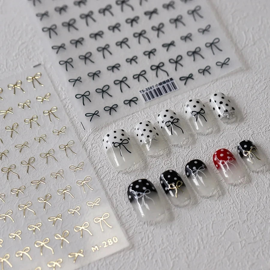 Lovely Gold Silver Black White Line Bowknot 3D Self Adhesive Nail Art Decorations Stickers Ribbon Cute Manicure Decals Wholesale