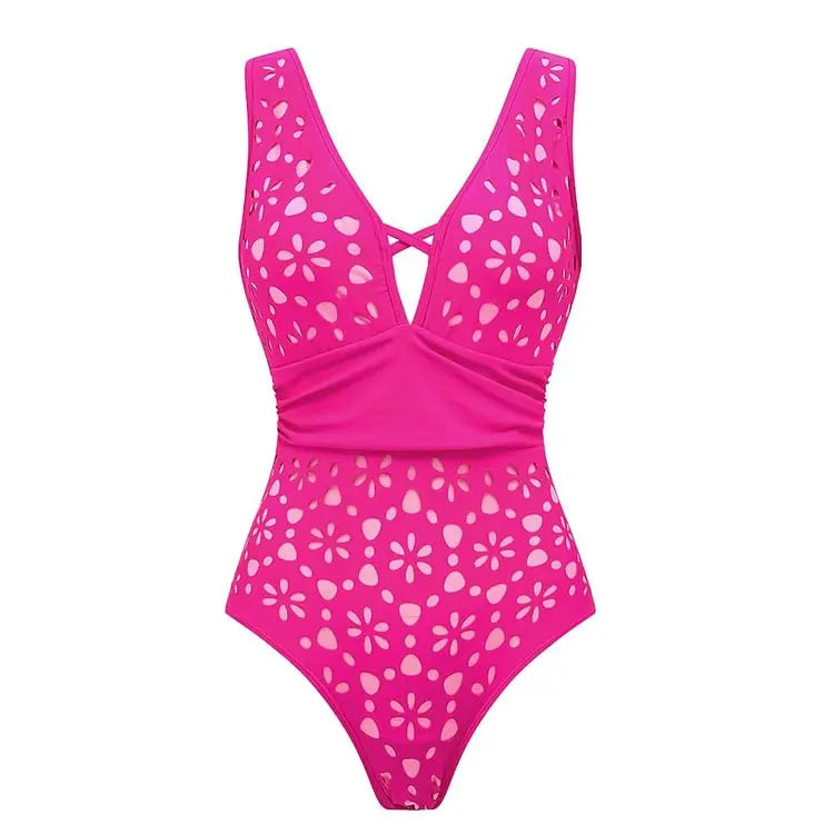 Women Bikini Set Swimsuit Sexy V Neck Solid Color Laser Cutting Flower Swimsuit Beachwear Luxury Summer Beachwear Dress