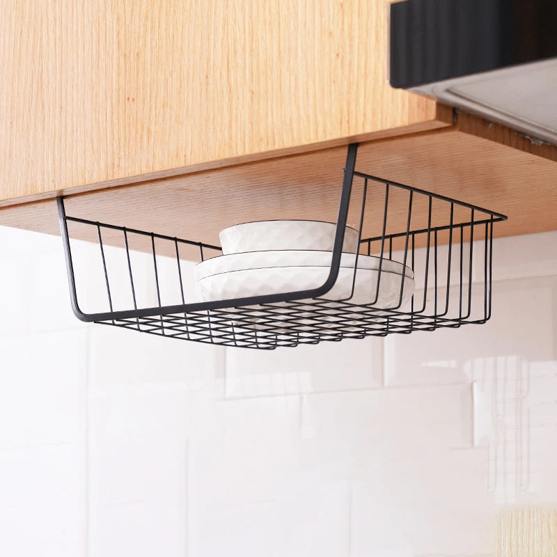 1pc White/Black Hanging Net Basket Iron Material Large Capacity Hanging Under Cabinet Wall Wardrobe Storage Basket Kitchen Tools