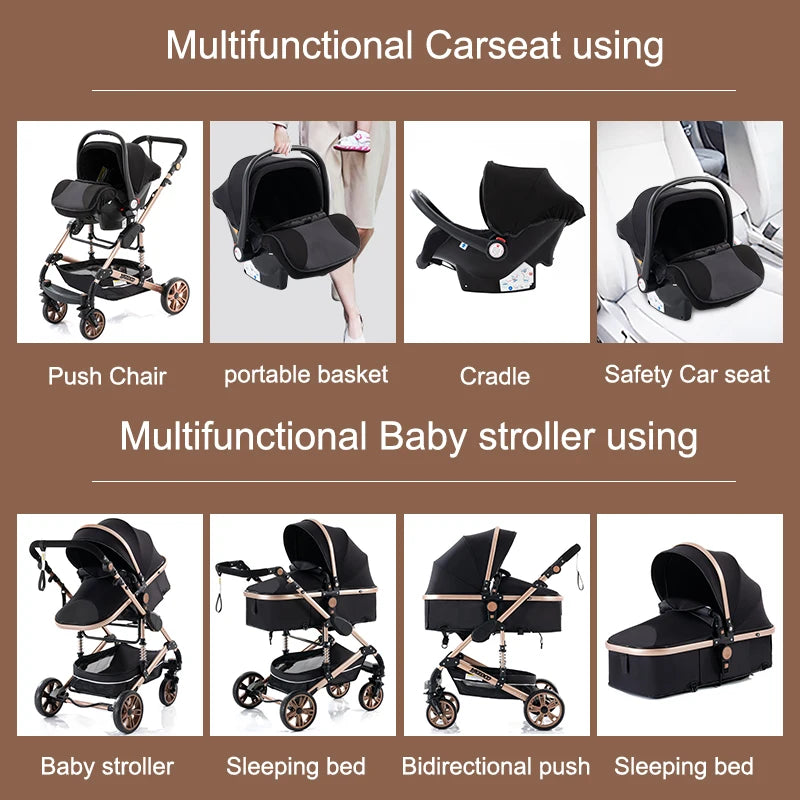 Luxurious 3 in 1 Baby Stroller Portable Travel Baby Carriage Folding Prams Aluminum Frame High Landscape Car for Newborn Baby BLACK