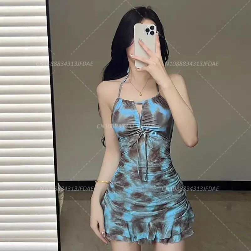 Sexy Women Floral Printed Bathing Suits with Beach Skirt Halter Bikinis Set Lady Push Up Swimsuit Swimwear Beachwear