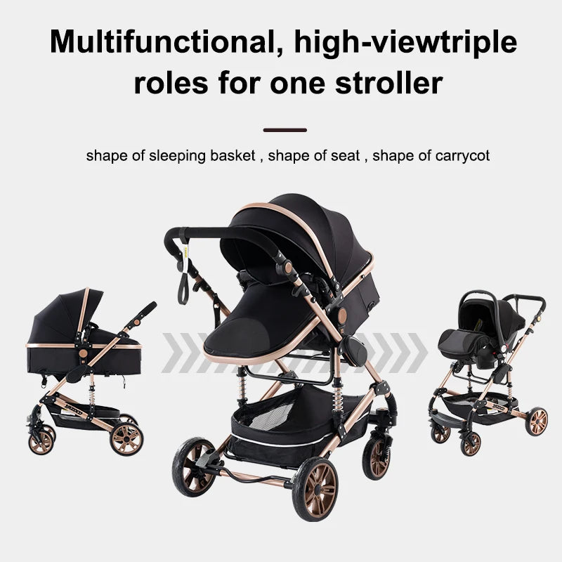 Luxurious 3 in 1 Baby Stroller Portable Travel Baby Carriage Folding Prams Aluminum Frame High Landscape Car for Newborn Baby BLACK